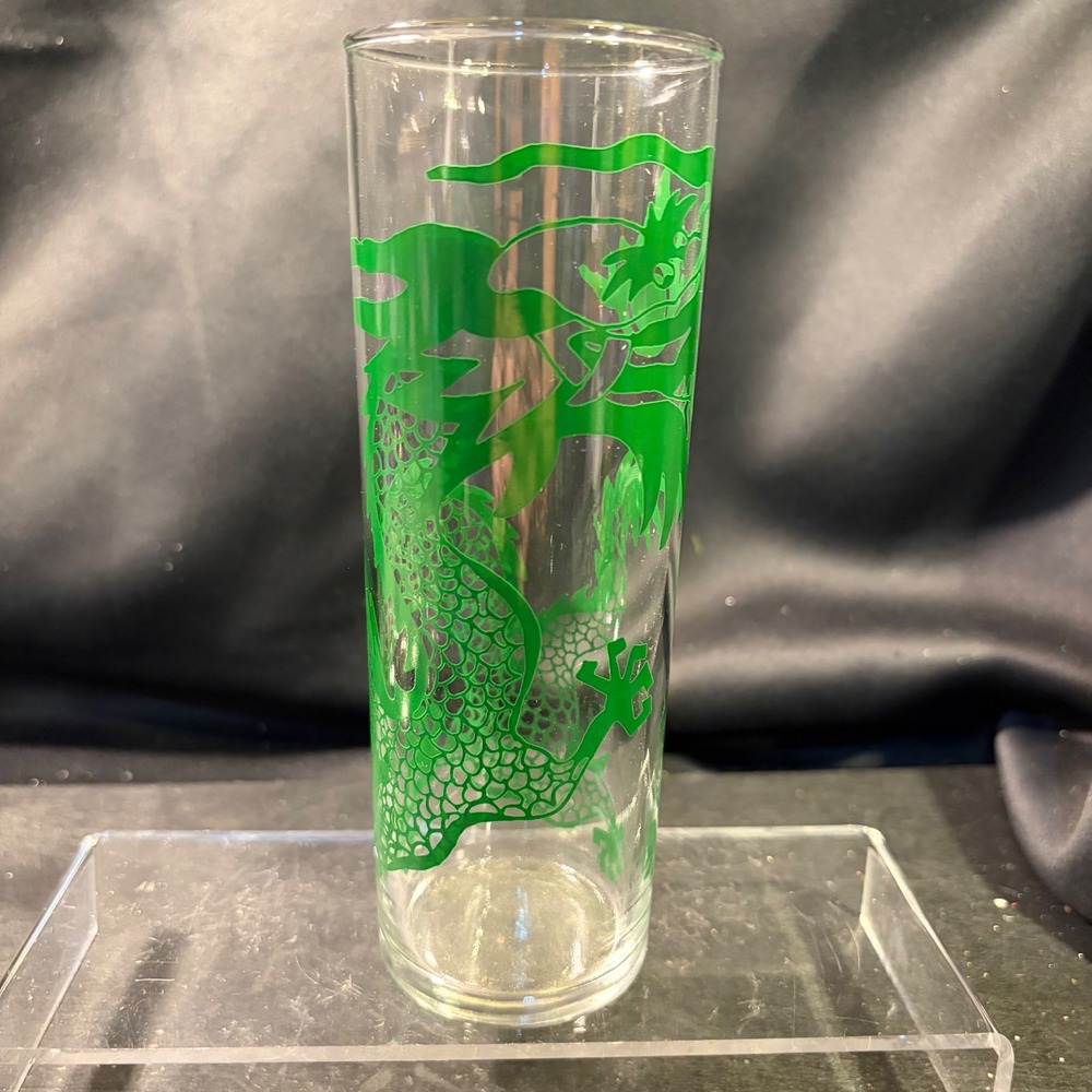 Vintage Green Chinese Dragon Tall Zombie Glass Highball Barware Clear 7 Inch